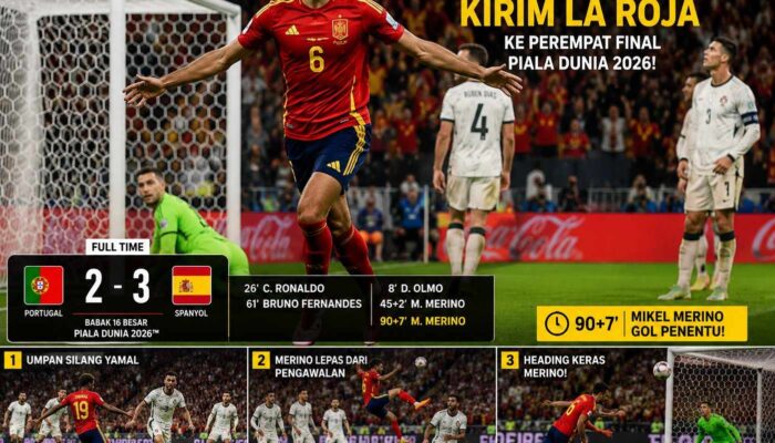 Cuplikan Gol Portugal vs Spanyol 7 Juli 2026: Gol Dramatis Mikel Merino Kirim La Roja ke Perempat Final Piala Dunia 2026